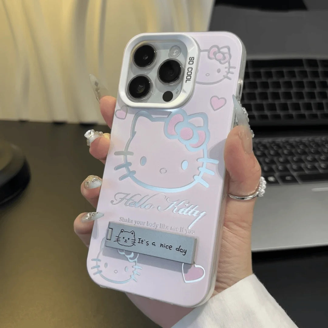 Luxury Pink Hello Kitty With Bracket Phone Case For iPhone 16 15 14 13 12 11 ProMax XR XS 7 8 Plus Soft Anti Drop Silicone Cover