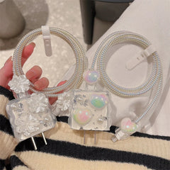 Kawaii Floral USB Cable Sleeve – 3D Epoxy White Flower Cover for iPhone 18W/20W Adapter Line