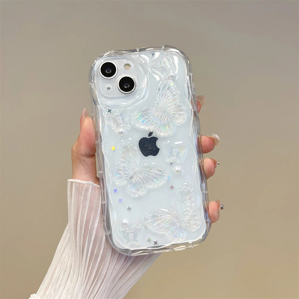 Shining Star Pearl Wave Glitter Case with 3D Butterfly for iPhone XR XS Max to 16 Pro Max