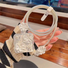 Kawaii Floral USB Cable Sleeve – 3D Epoxy White Flower Cover for iPhone 18W/20W Adapter Line