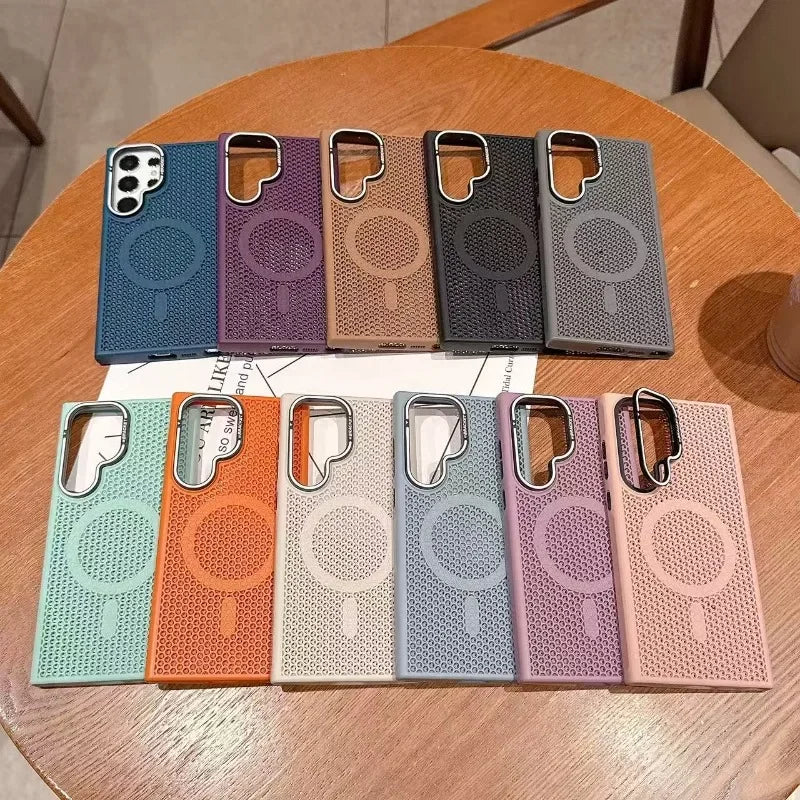 Luxury Honeycomb Mesh Cooling Magsafe Phone Case for Samsung Galaxy S25 Ultra, S24 Plus, S23 & S25 – Alloy Lens Bracket Wireless Charging Cover