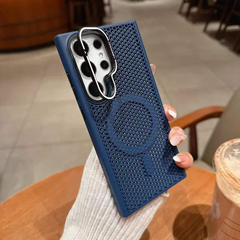 Luxury Honeycomb Mesh Cooling Magsafe Phone Case for Samsung Galaxy S25 Ultra, S24 Plus, S23 & S25 – Alloy Lens Bracket Wireless Charging Cover