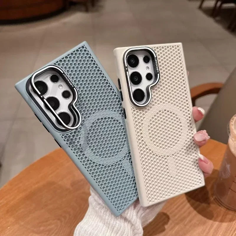 Luxury Honeycomb Mesh Cooling Magsafe Phone Case for Samsung Galaxy S25 Ultra, S24 Plus, S23 & S25 – Alloy Lens Bracket Wireless Charging Cover