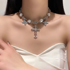 Yeji Silver Cross And Pearl Necklace