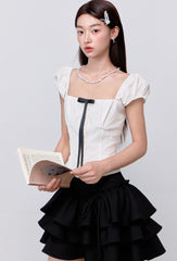 Chaeryeong White Square Neck Ribbon Top