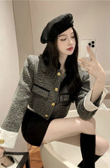Yujin Black Round Neck Tweed Jacket