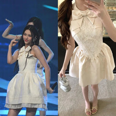 Beige Bow Princess Mini Dress | Yunah – ILLIT