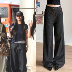 Black Wide-Leg Jeans With Pink Stitches | Iroha – ILLIT