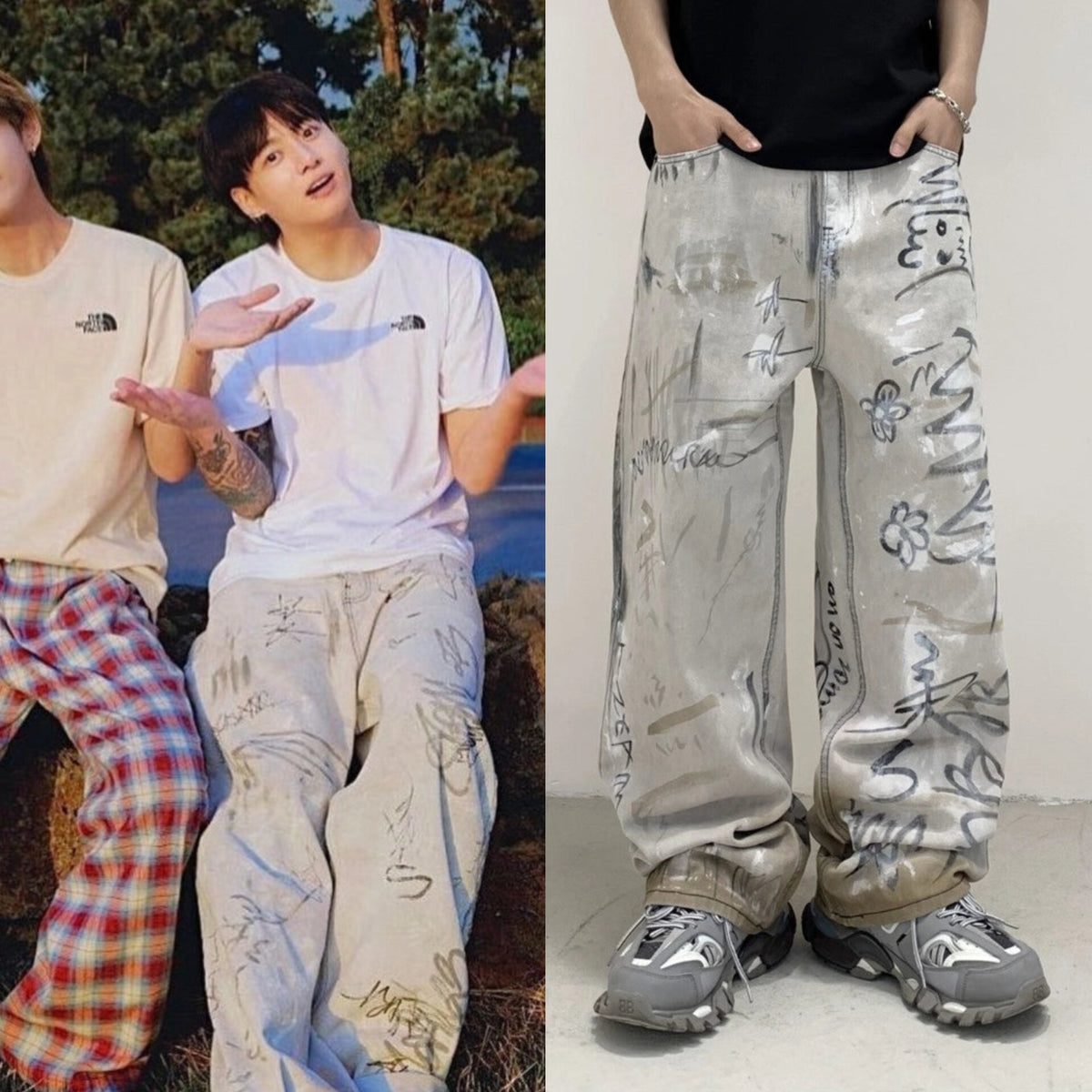 Jungkook Grey Graffiti Baggy Pants