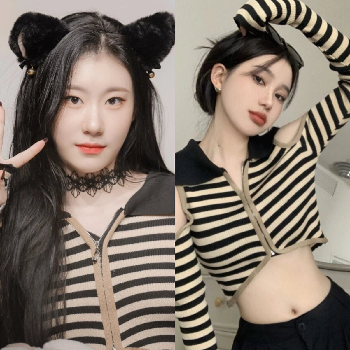 Chaeryeong Ivory Stripe Cut-Out Crop Top