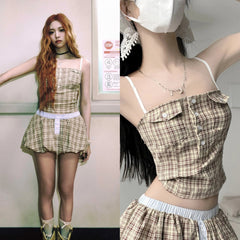Yuna Beige Plaid Sling Top