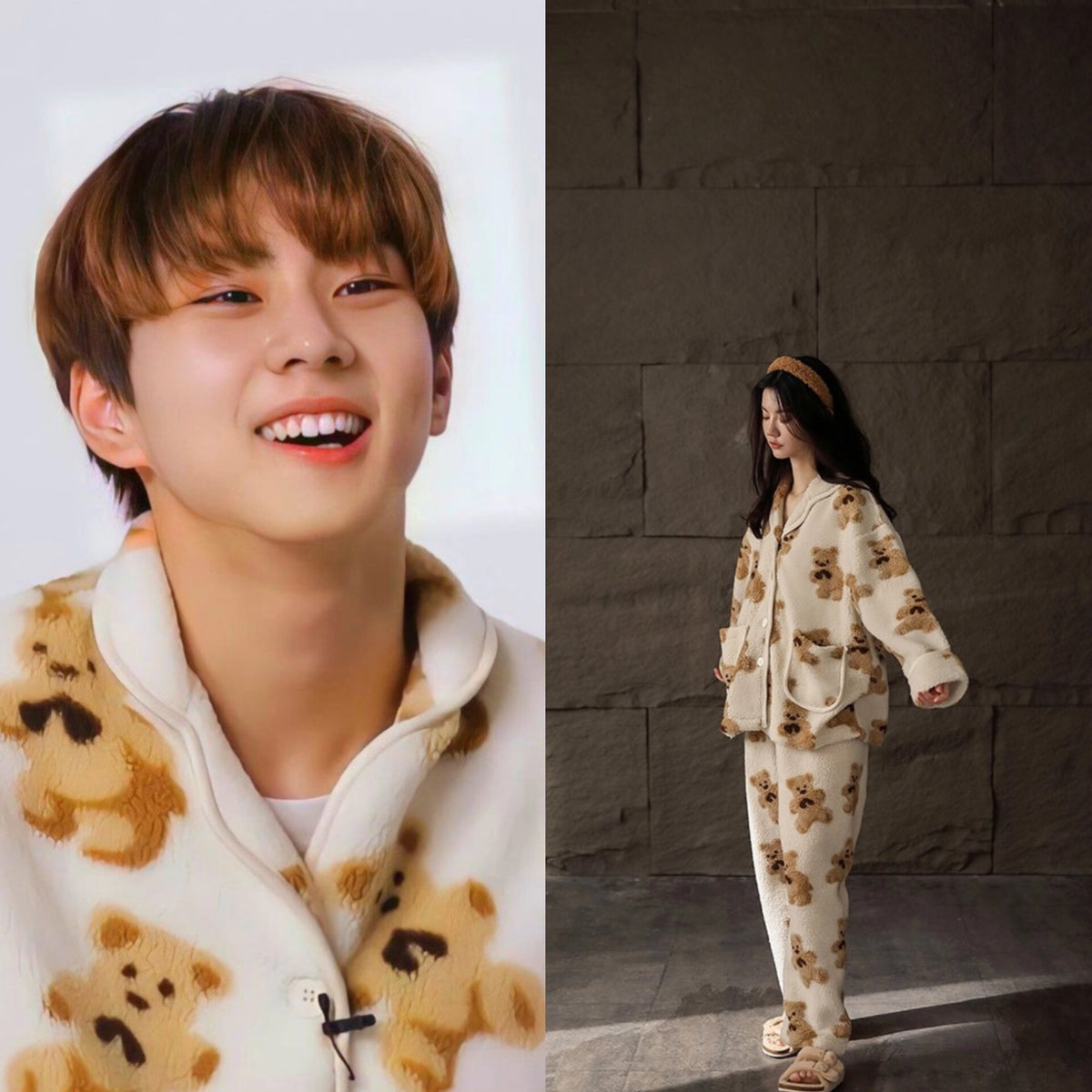 Beige Button Down Bear Pattern Pajama Set | Enhypen – Jungwon