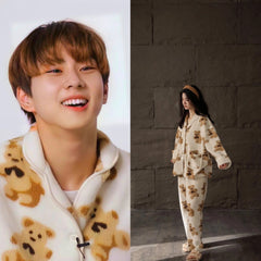 Beige Button Down Bear Pattern Pajama Set | Enhypen – Jungwon