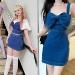 Liz Blue Sleeveless Bow Denim Dress