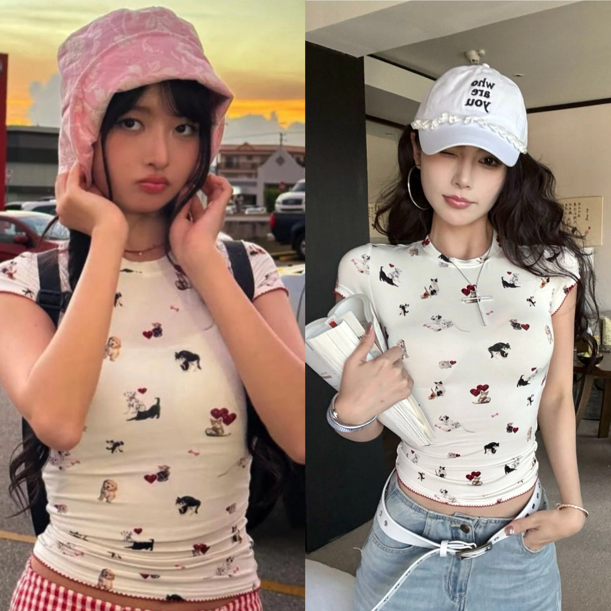 Rei White Puppy Print Fitted T-Shirt