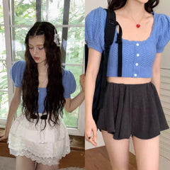 Danielle Blue Puff-Sleeve Knit Top