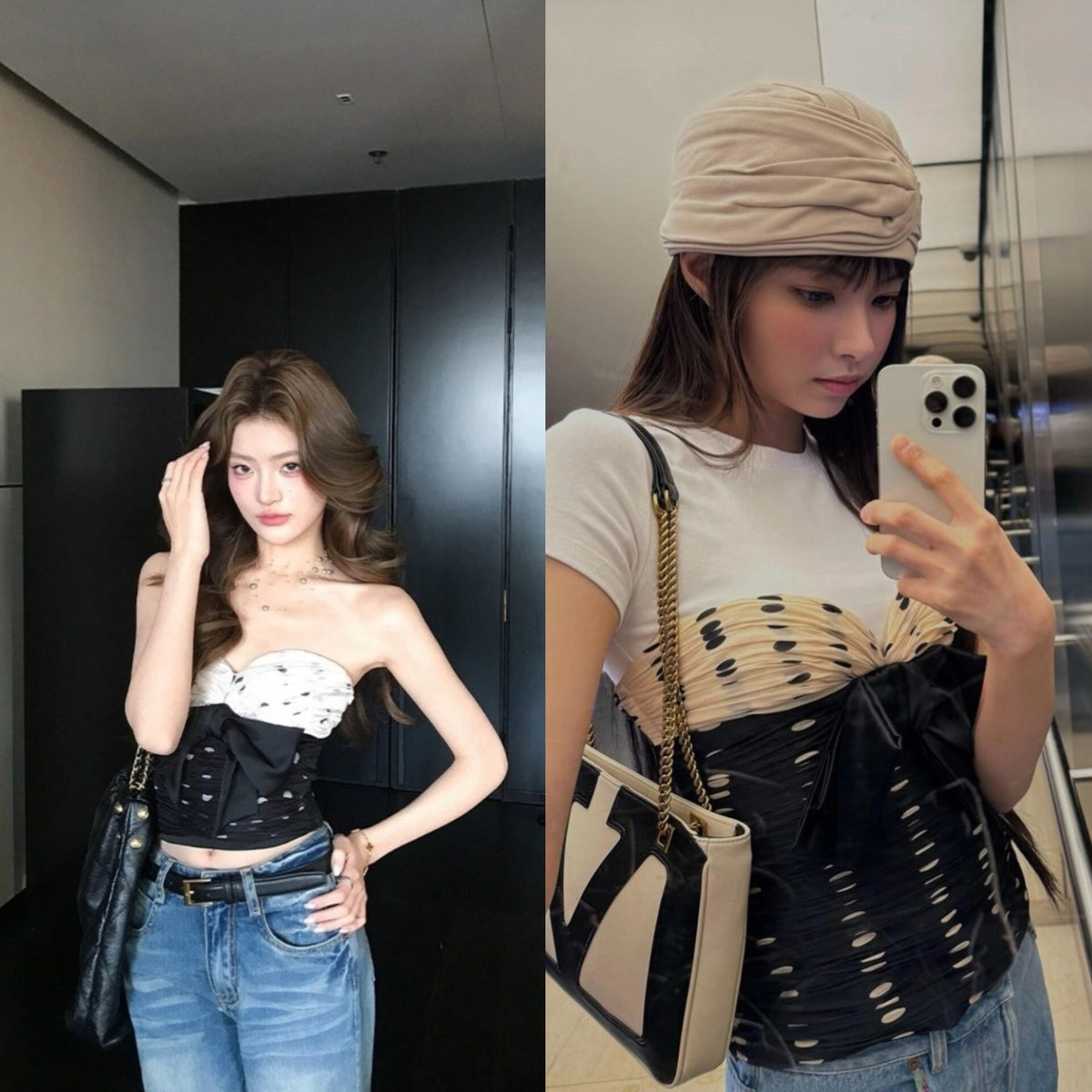 Yunah Polka Dot Bow Bustier Top