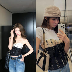 Yunah Polka Dot Bow Bustier Top