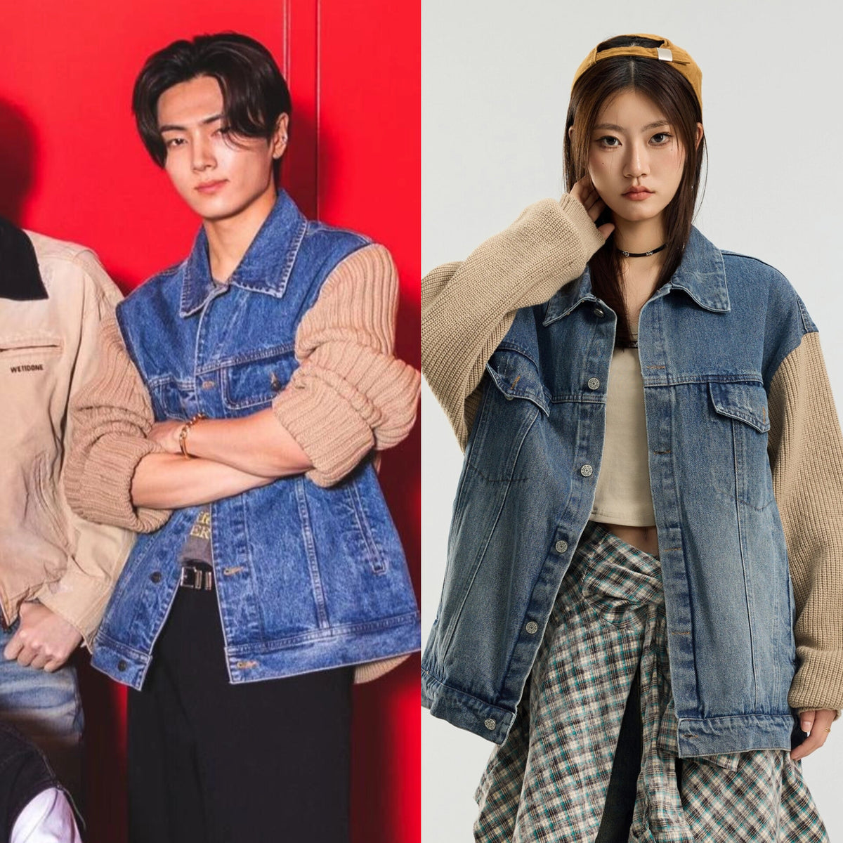 Blue Spliced Denim Jacket With Knit Sleeves | Jay – Enhypen